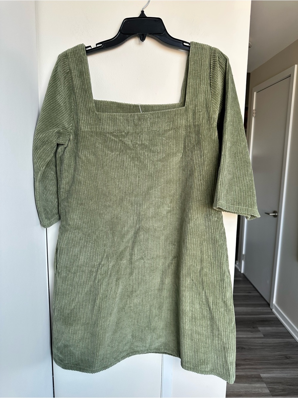 NWT SeamsFriendly Sage Green Square-Neck Cotton Mini Shift Dress Corduroy Sz 38R - Picture 8 of 14